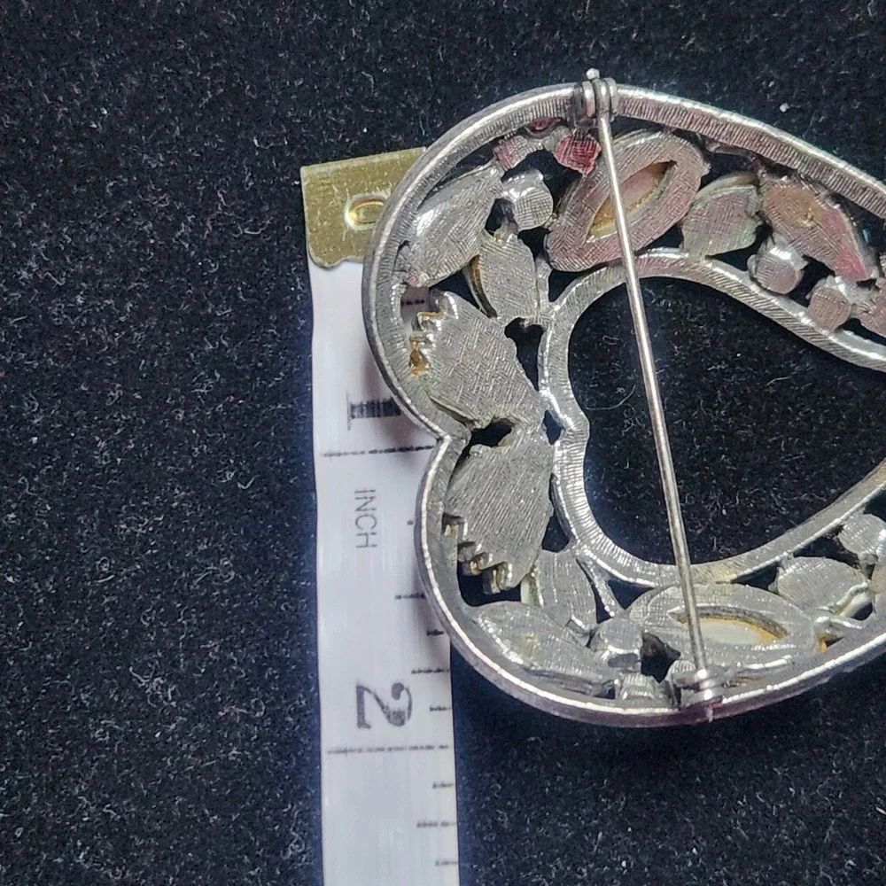 Vintage Florenza Heart Brooch Silver Tone Blue AB Rhinestone and stone Pin